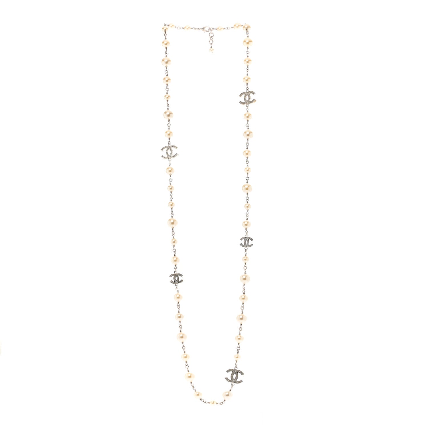Chanel Graduated Pearl Crystal CC Long Necklace Silver 3 of 6