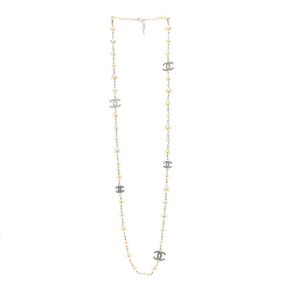 Chanel Graduated Pearl Crystal CC Long Necklace Silver 3 of 6