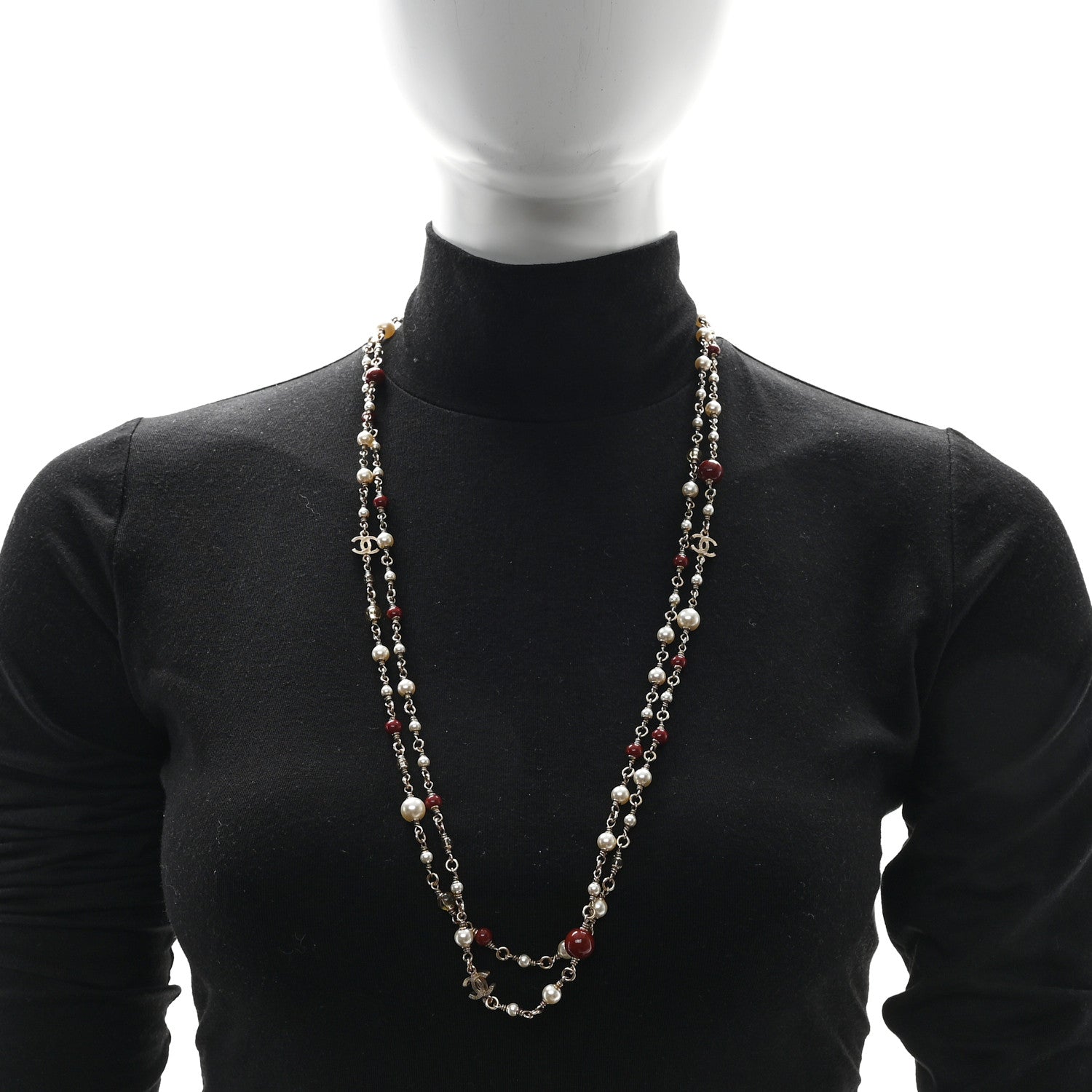 Chanel Pearl Bead Multi Strand CC Long Necklace Gold White Burgundy Yellow 2 of 5