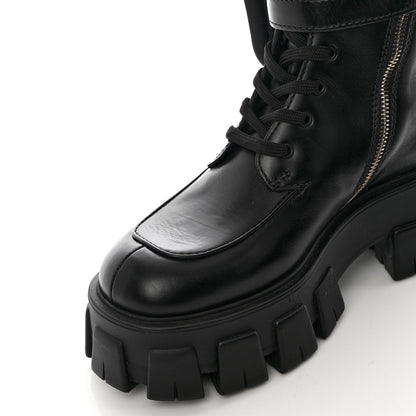 Prada Vitello Lux Nylon Metal Triangle Logo Monolith Pouch Pocket 55mm Tall Combat Boots 35.5 Black 9 of 12