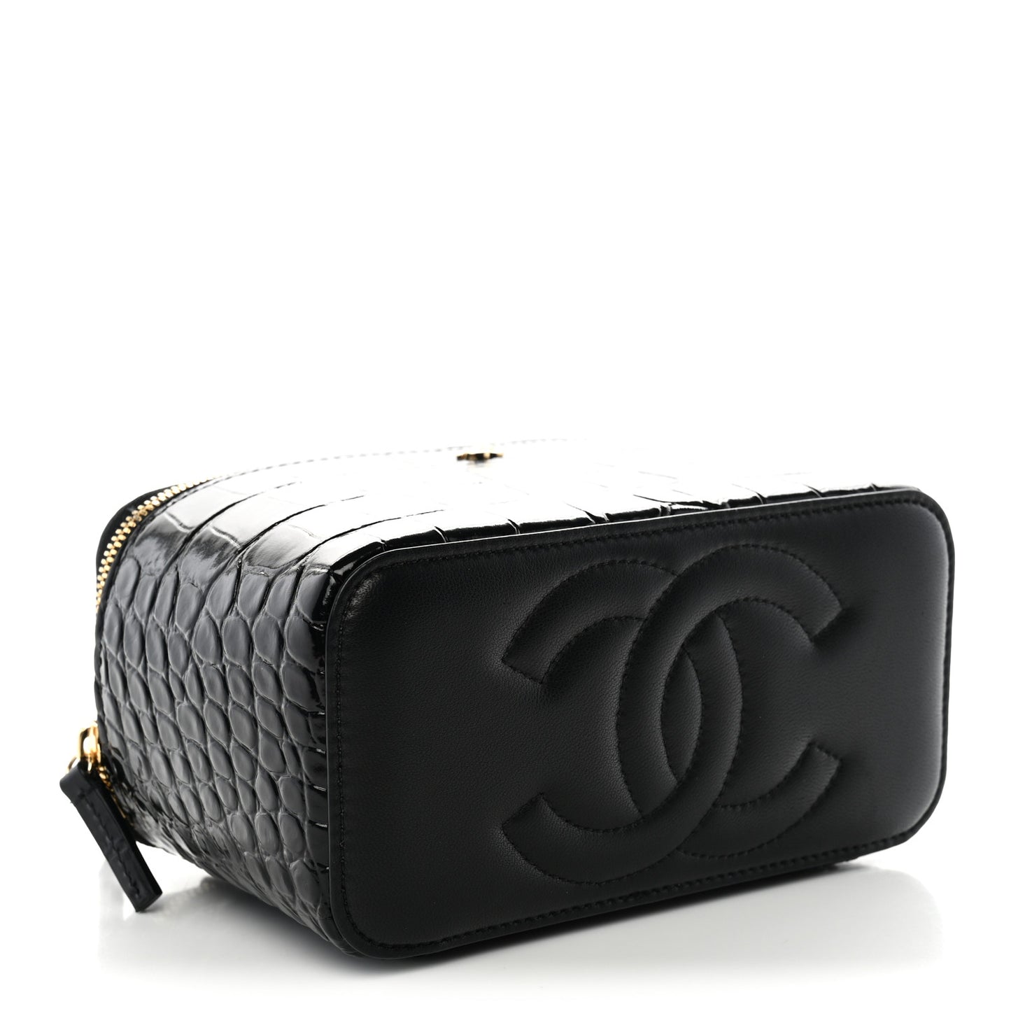 Calfskin Crocodile Embossed Crococo Small Top Handle Vanity Case With Chain Black