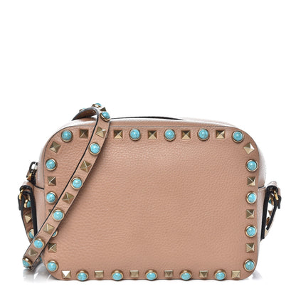 Valentino Garavani Grained Calfskin Turquoise Rockstud Rolling Camera Crossbody Bag Soft Noisette 1 of 6