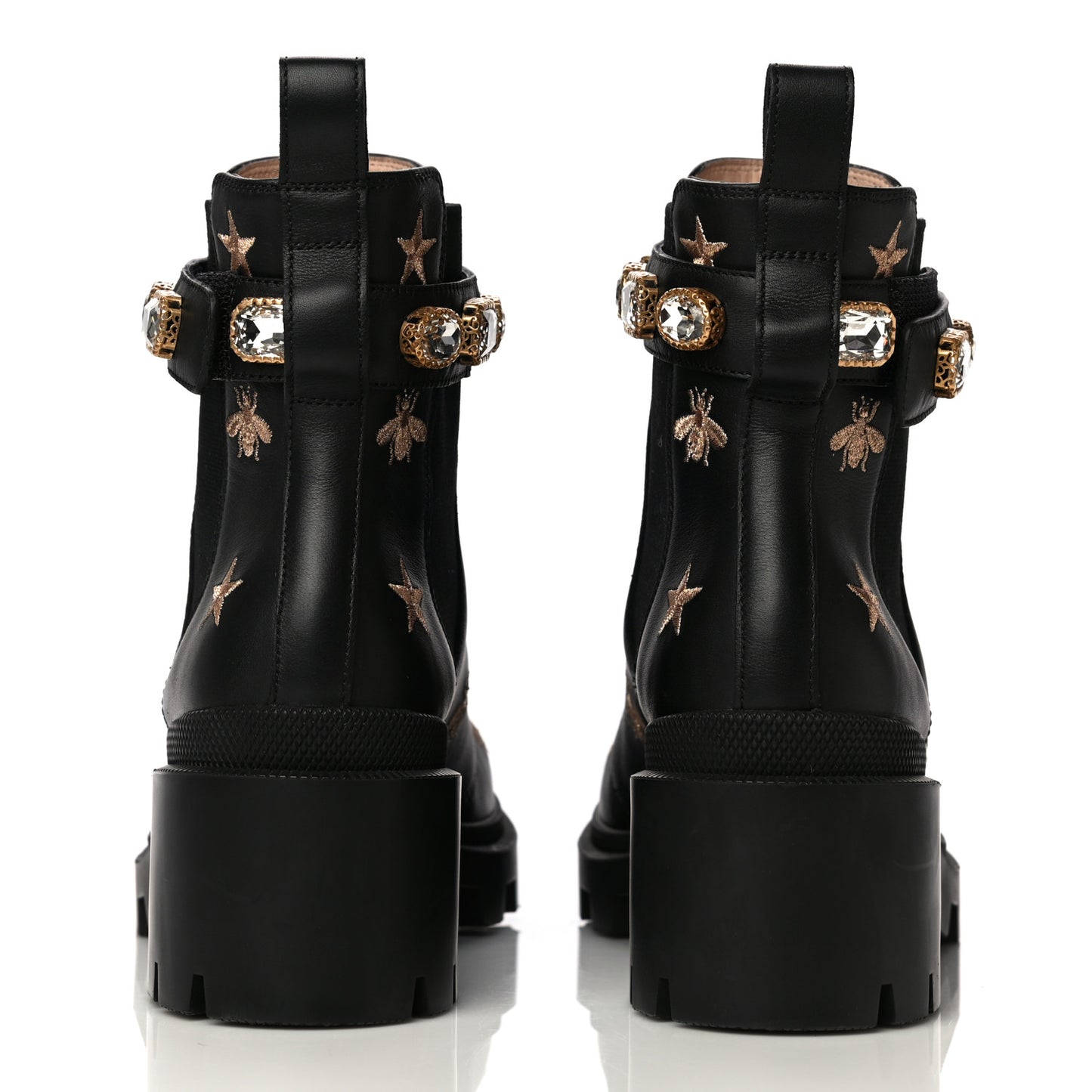 Calfskin Bee Star Embroidered Belt Ankle Boots 39.5 Black