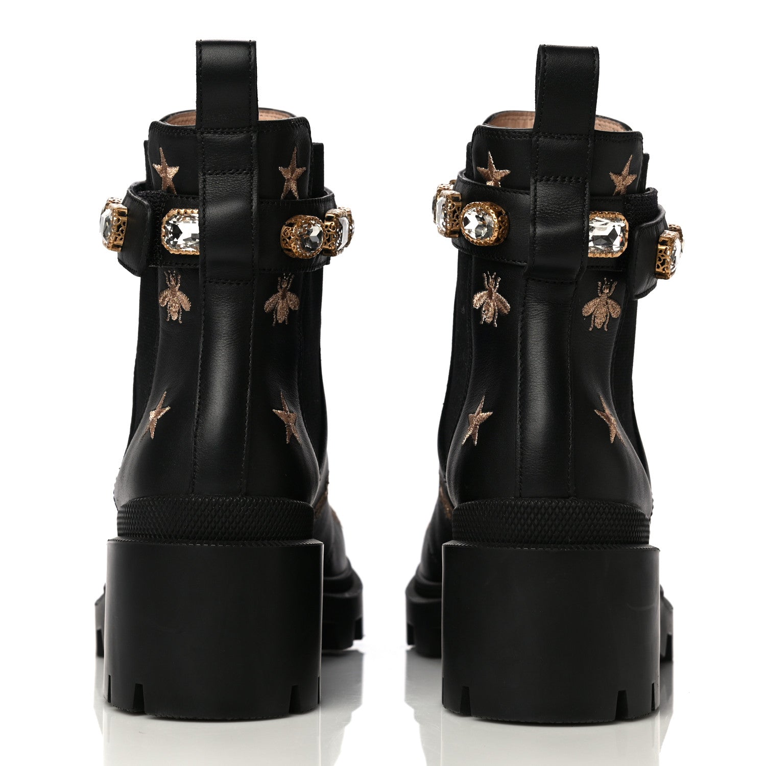 Gucci Calfskin Bee Star Embroidered Belt Ankle Boots 39.5 Black 5 of 9