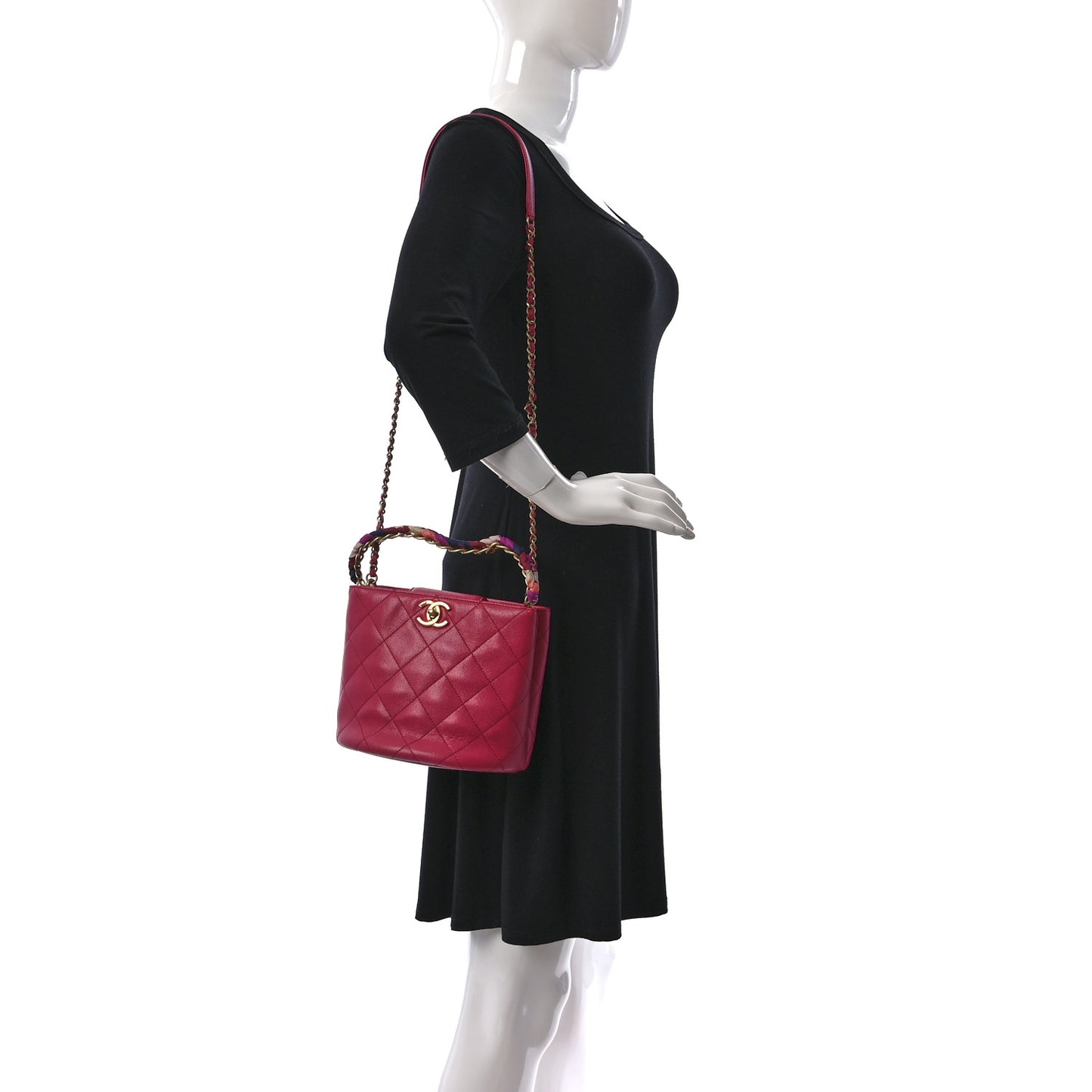 Caviar Quilted Chain Scarf Handle Bucket Bag Pink