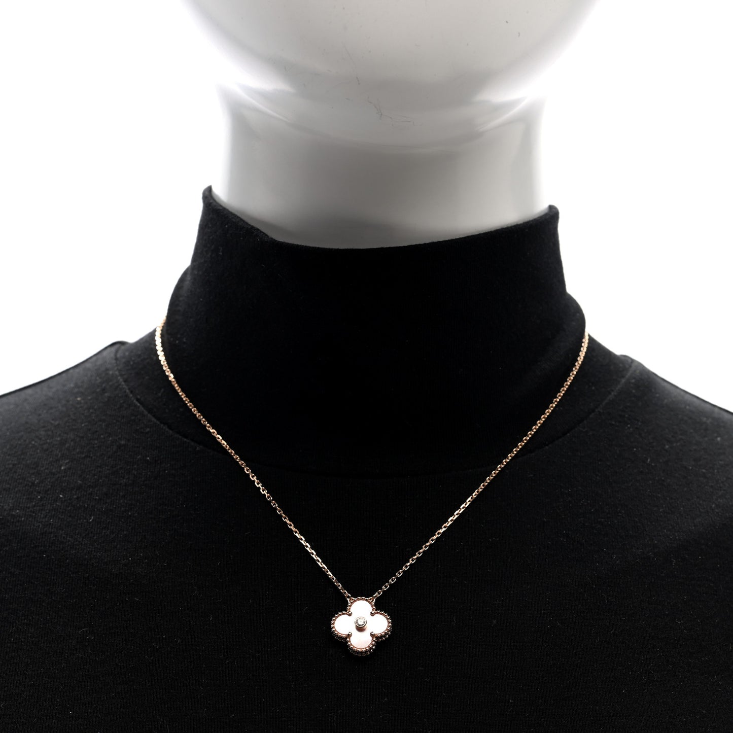 18K Rose Gold Diamond Pink Mother of Pearl Vintage Alhambra Pendant Necklace
