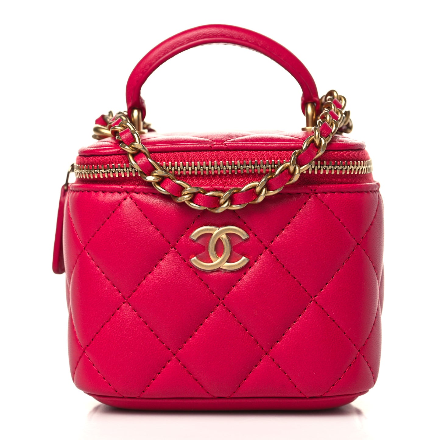 Lambskin Quilted Ombre Top Handle Mini Vanity Case With Chain Dark Pink