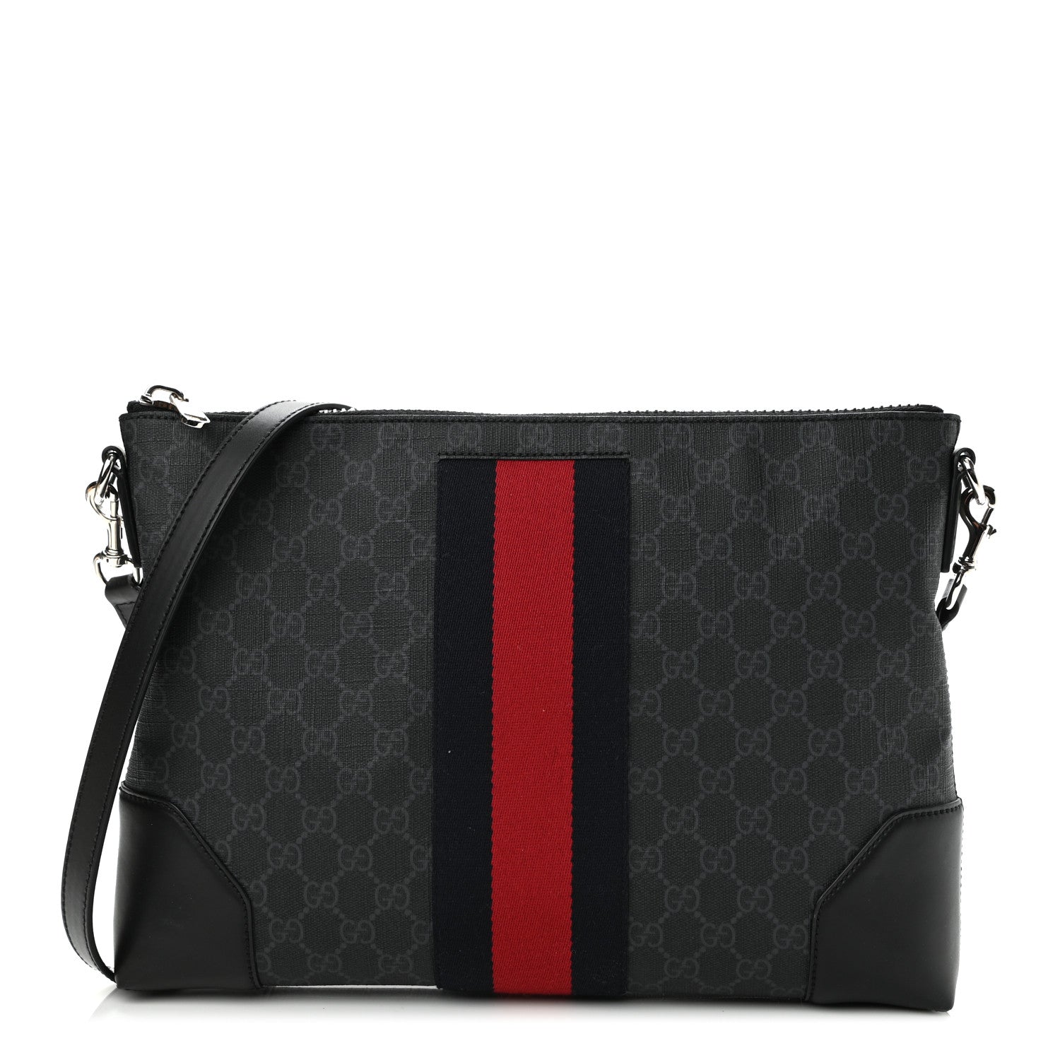 Gucci Soft GG Supreme Monogram Appia Calfskin Web East West Messenger Bag Black Grey 1 of 11