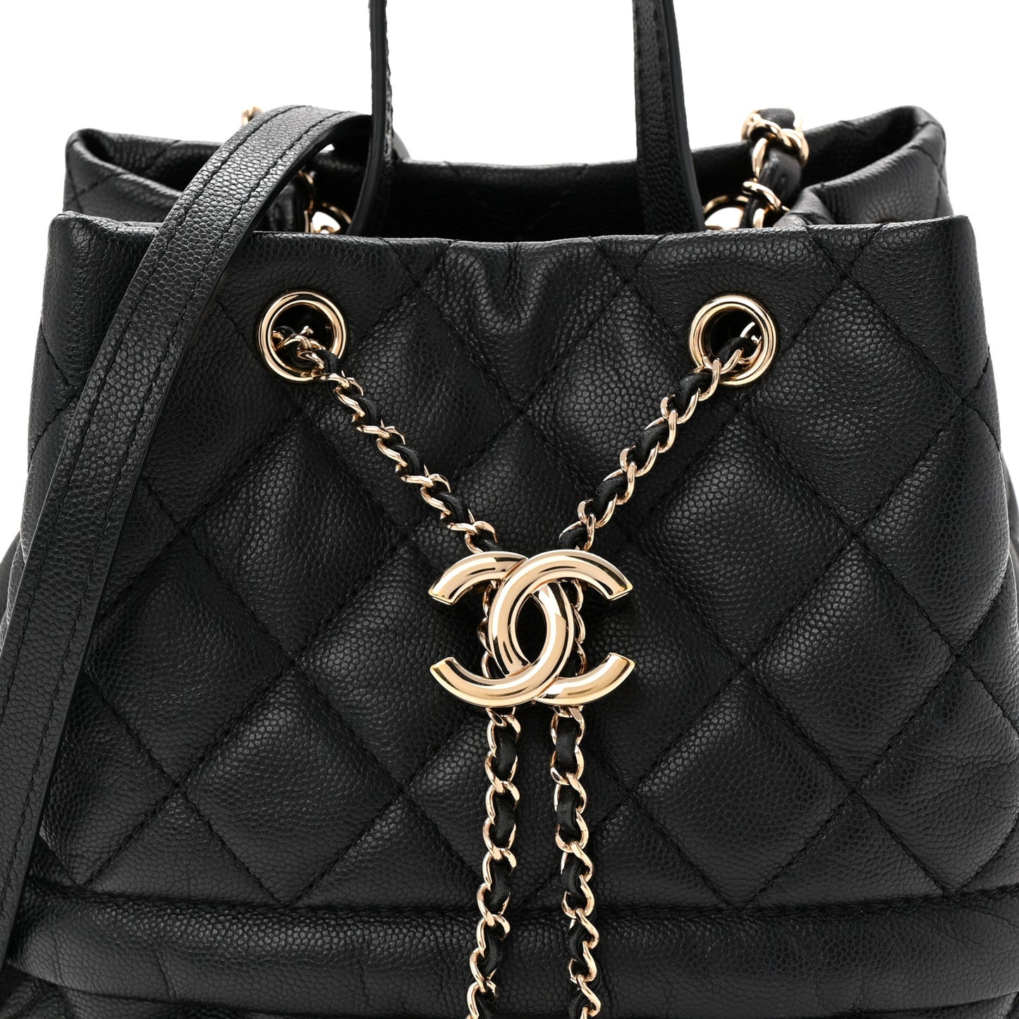 Caviar Quilted Rolled Up Bucket Drawstring Bag Black