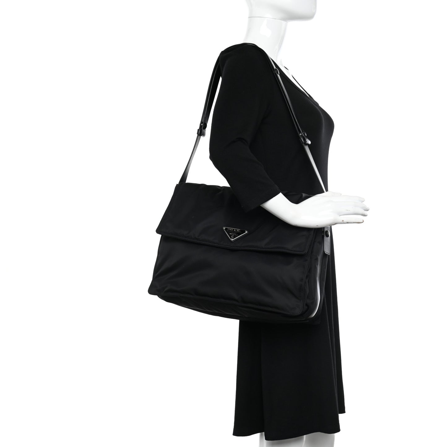 Re-Nylon Vitello Padded Large Flap Shoulder Bag Black