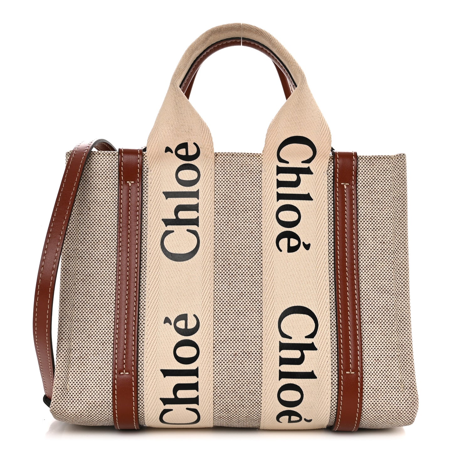 Cotton Calfskin Small Woody Ribbon Tote With Strap White Brown