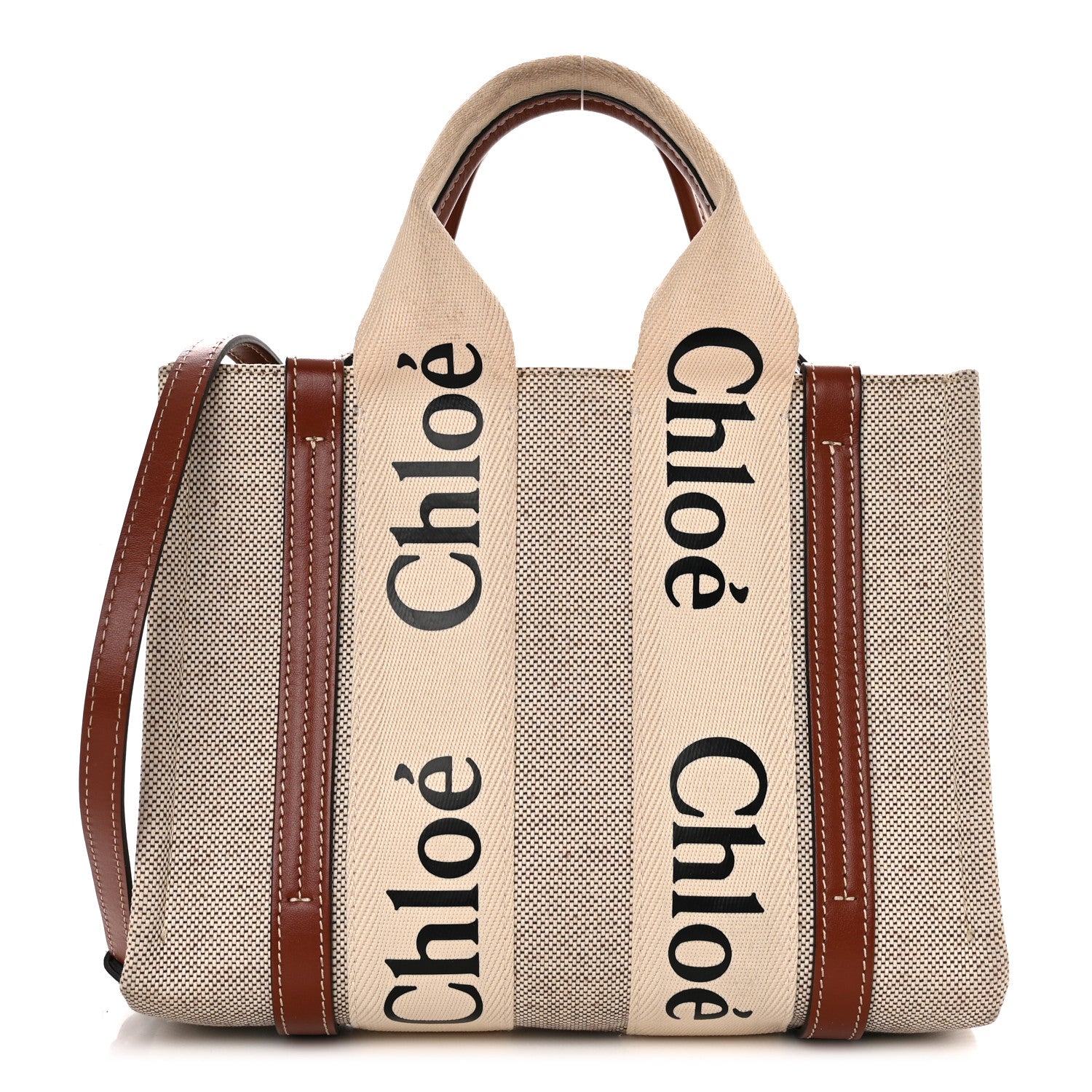 Chloe Cotton Calfskin Small Woody Ribbon Tote With Strap White Brown 1 of 11