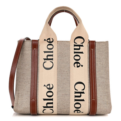 Chloe Cotton Calfskin Small Woody Ribbon Tote With Strap White Brown 1 of 11