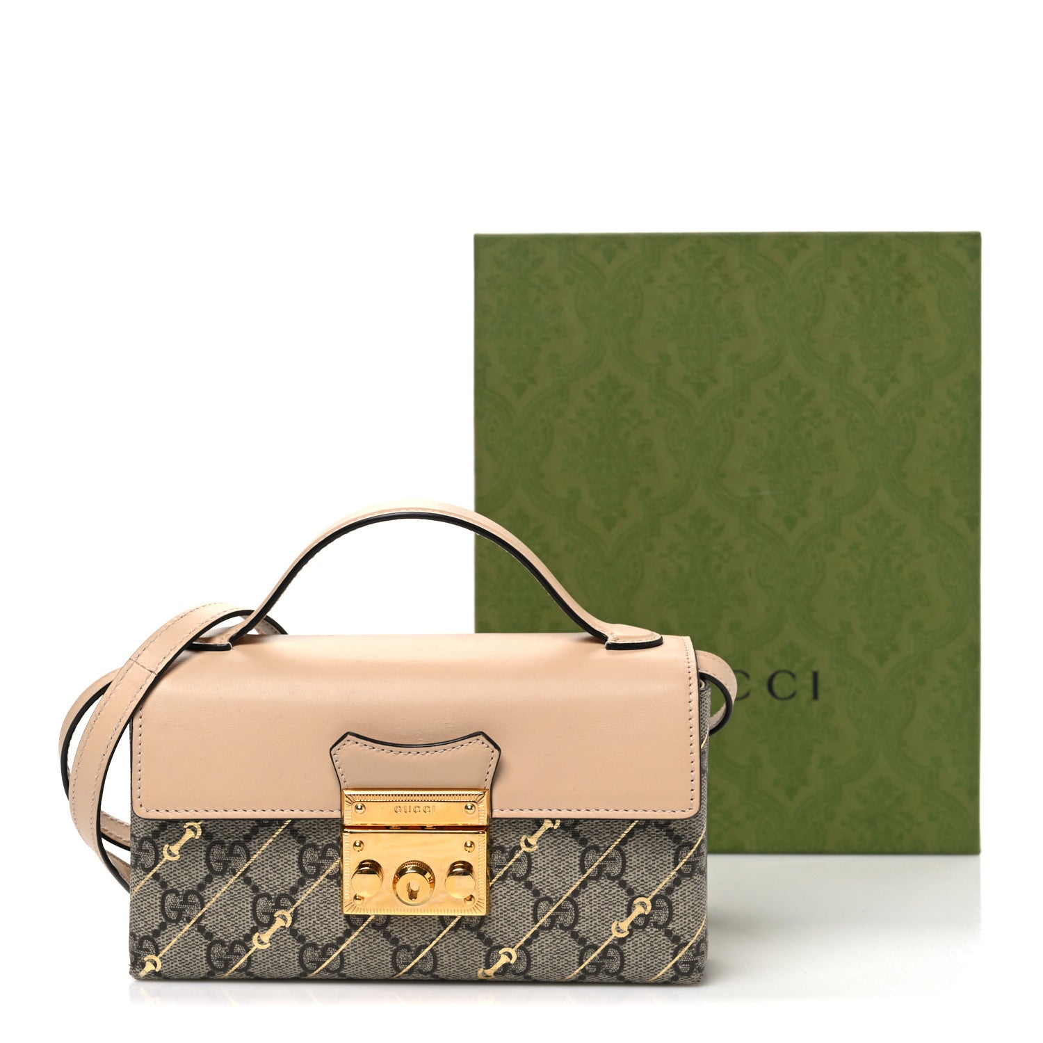 Gucci GG Supreme Monogram Calfskin Horsebit Print Mini Padlock Top Handle Shoulder Bag Beige Ebony Light Pink 12 of 12