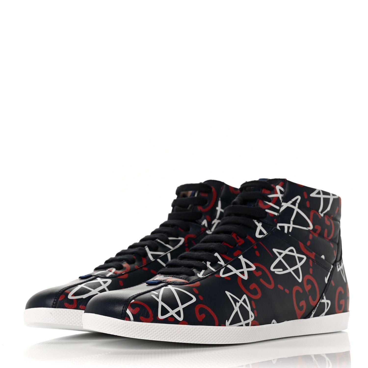 Gucci Calfskin GucciGhost Print Mens High Top Sneakers 9.5 Blue Agata Hibiscus Red 3 of 8