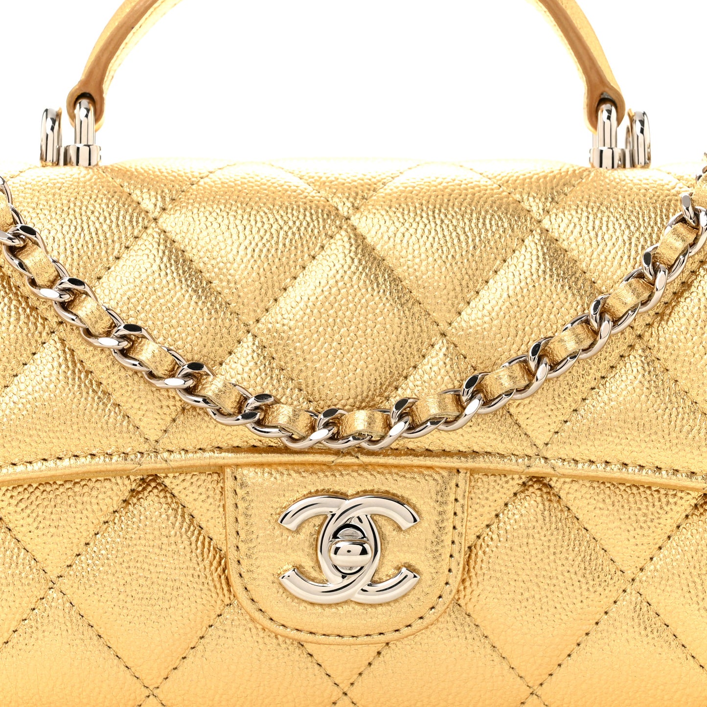 Metallic Caviar Quilted Top Handle Long Clutch With Chain Gold