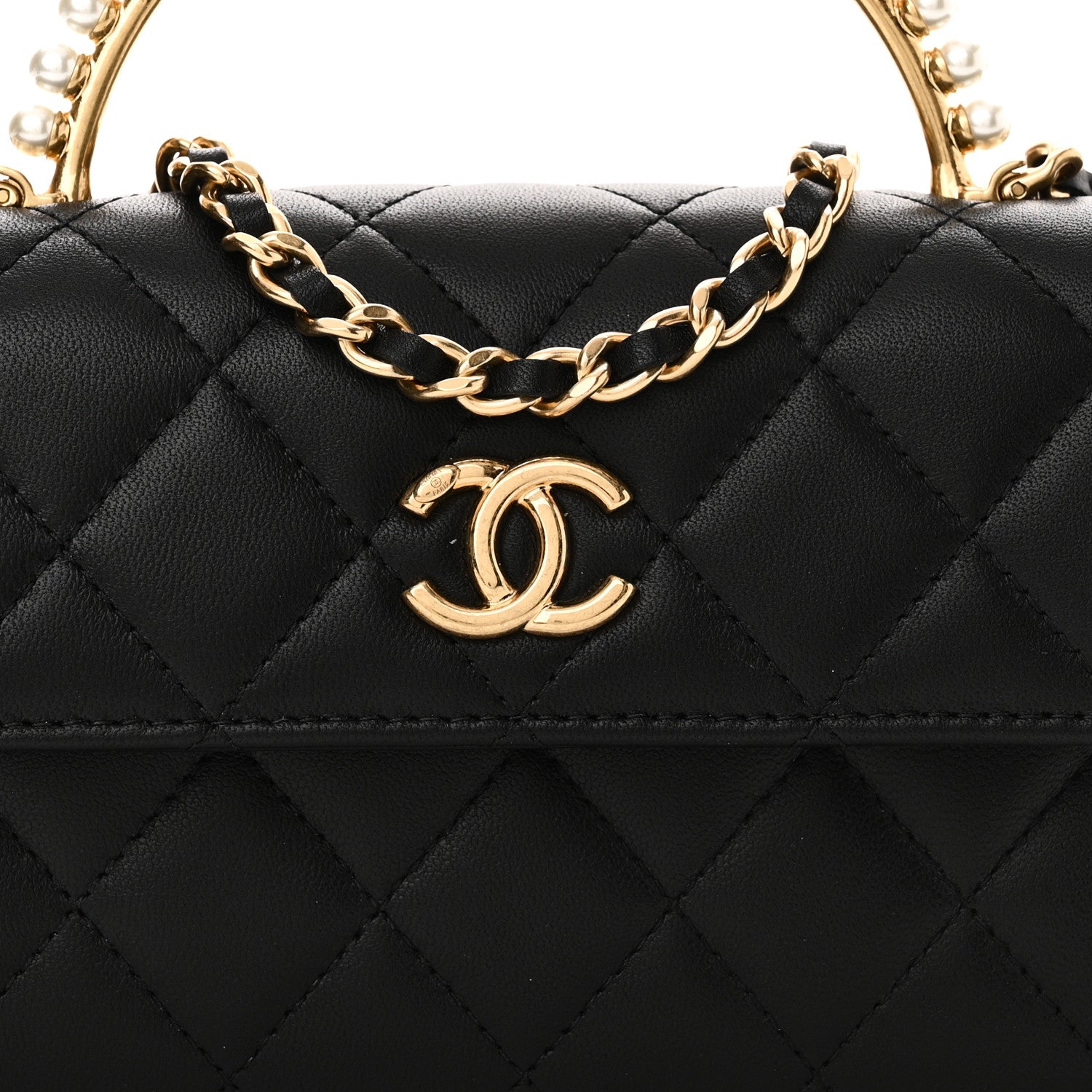 Chanel Lambskin Pearl Crystal Quilted Pearly Girl Handle Flap Phone Holder With Chain Black 8 of 11