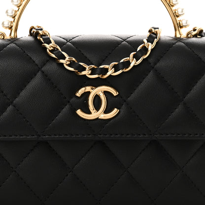 Chanel Lambskin Pearl Crystal Quilted Pearly Girl Handle Flap Phone Holder With Chain Black 8 of 11