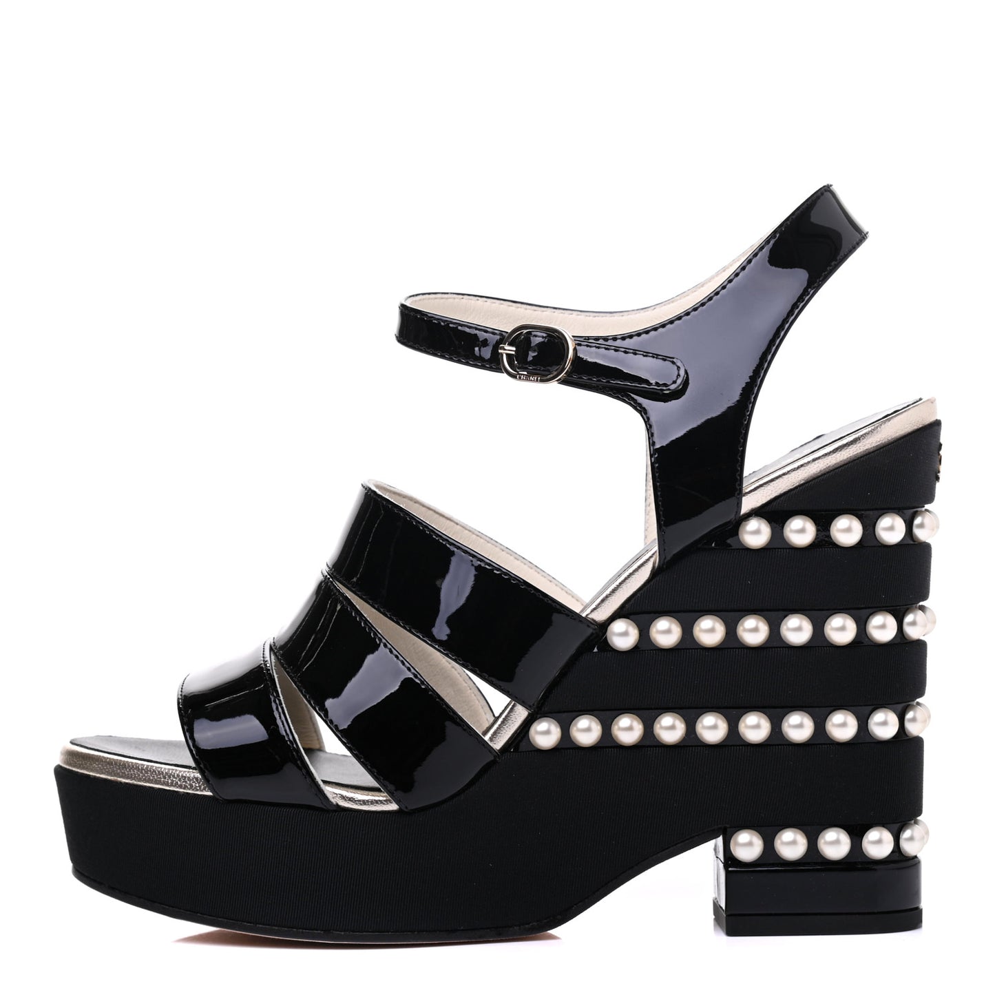 Patent Calfskin Grosgrain Pearl CC Wedge Sandals 38.5 Black