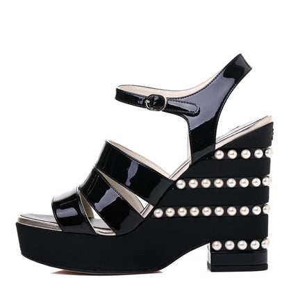 Chanel Patent Calfskin Grosgrain Pearl CC Wedge Sandals 38.5 Black 1 of 9