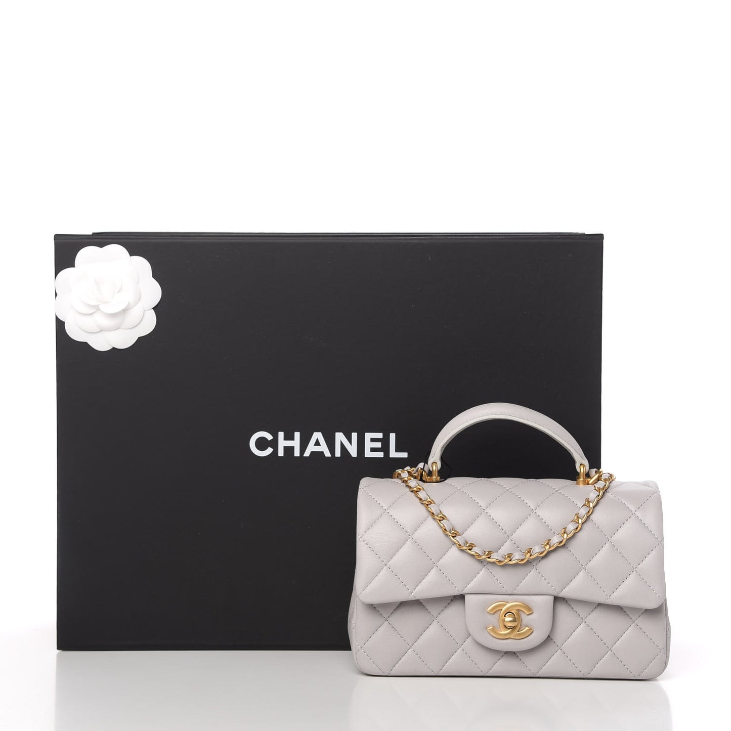 Lambskin Quilted Mini Top Handle Rectangular Flap Grey