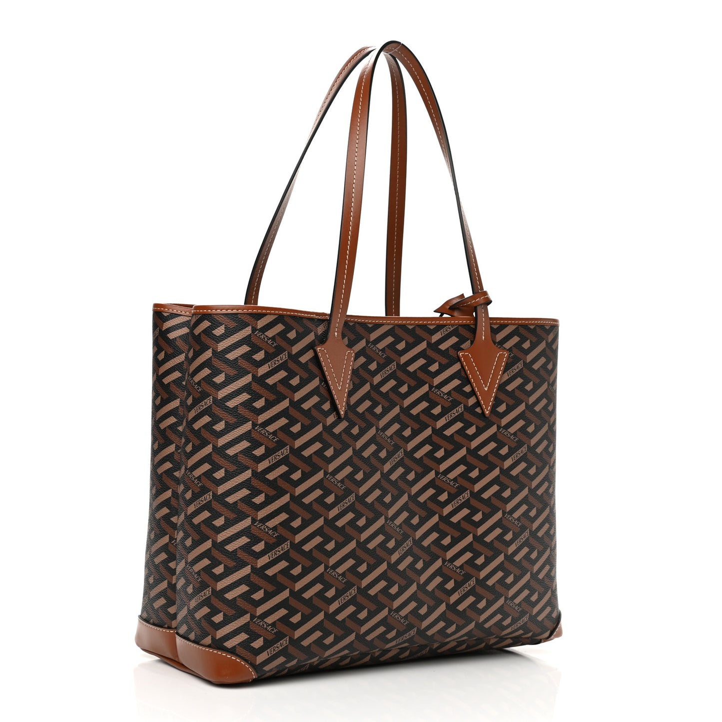 Coated Canvas Calfskin La Greca Signature Shopper Tote Bag Black Caramel