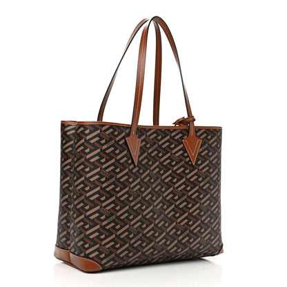 Versace Coated Canvas Calfskin La Greca Signature Shopper Tote Bag Black Caramel 4 of 10