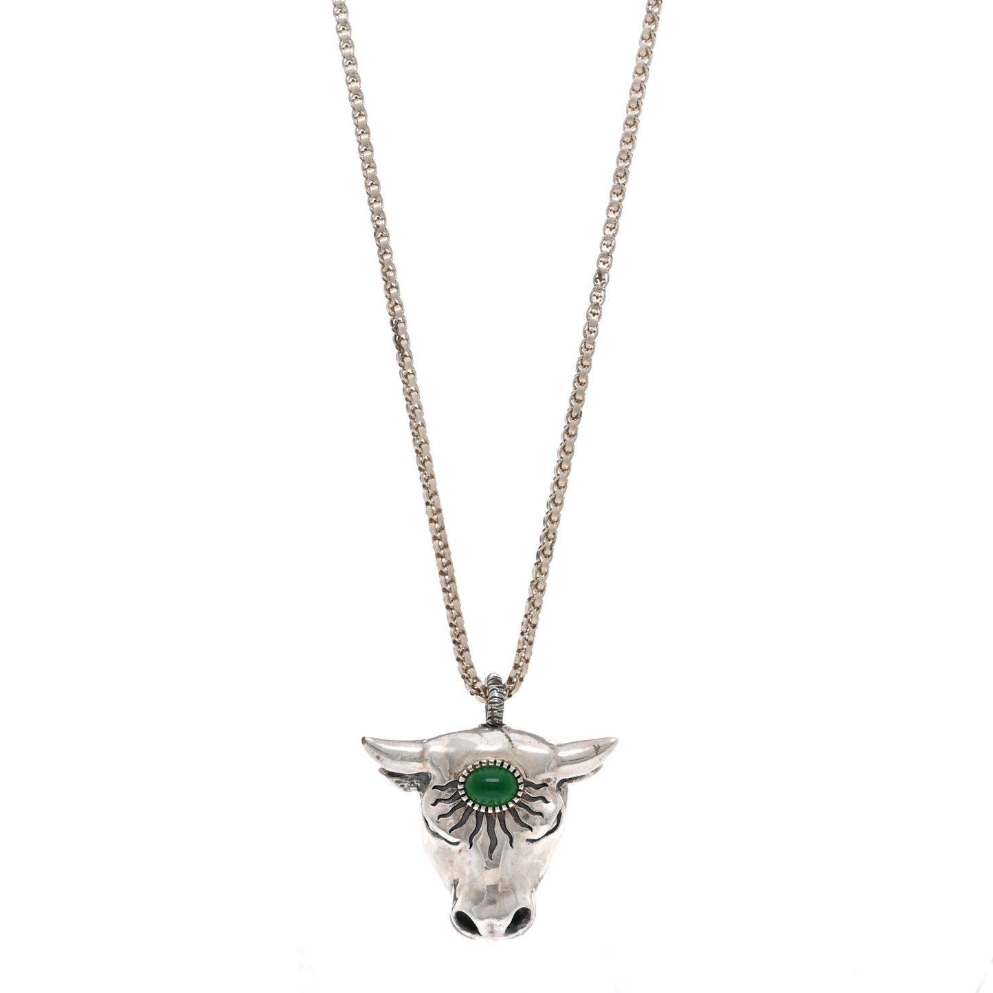 Sterling Silver Glass Anger Forest Bull Head Necklace Green