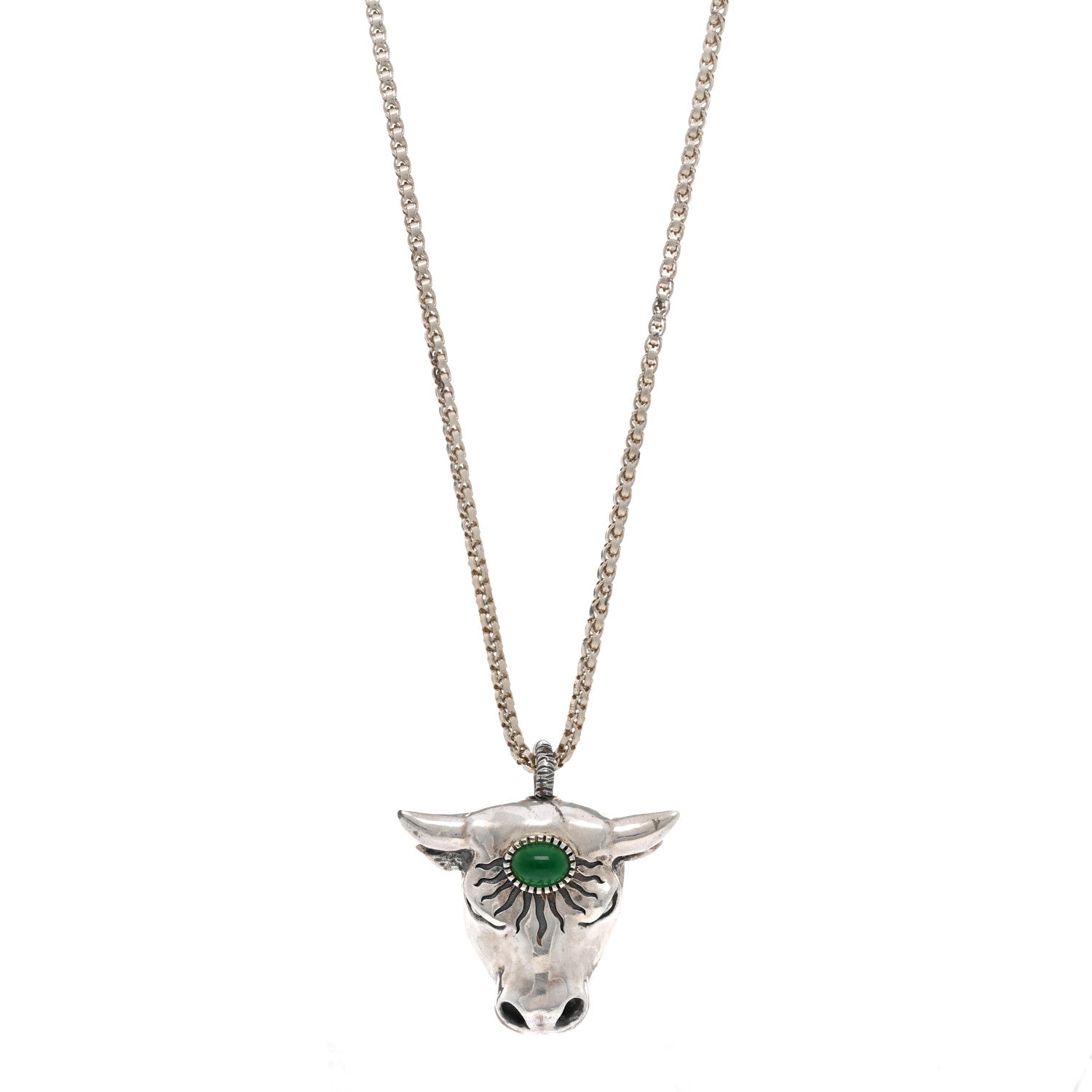 Gucci Sterling Silver Glass Anger Forest Bull Head Necklace Green 1 of 4