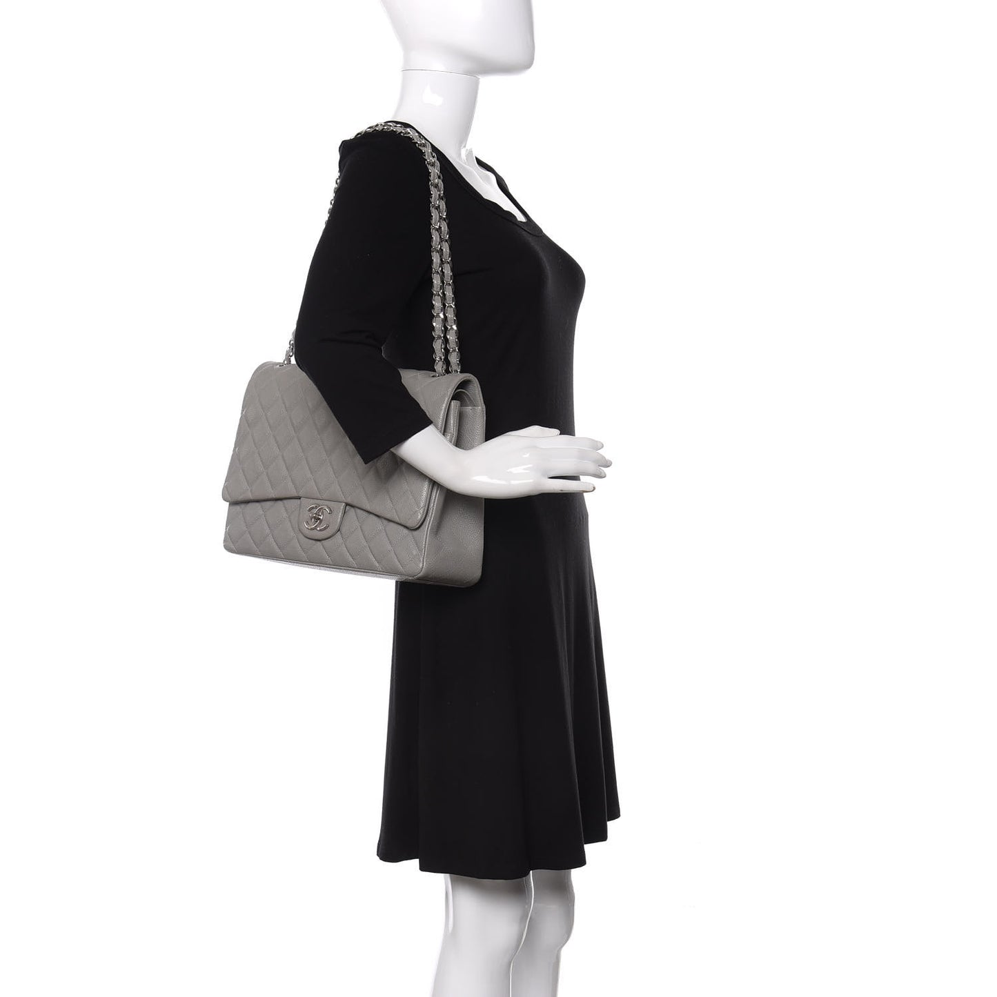 Caviar Quilted Maxi Double Flap Light Grey