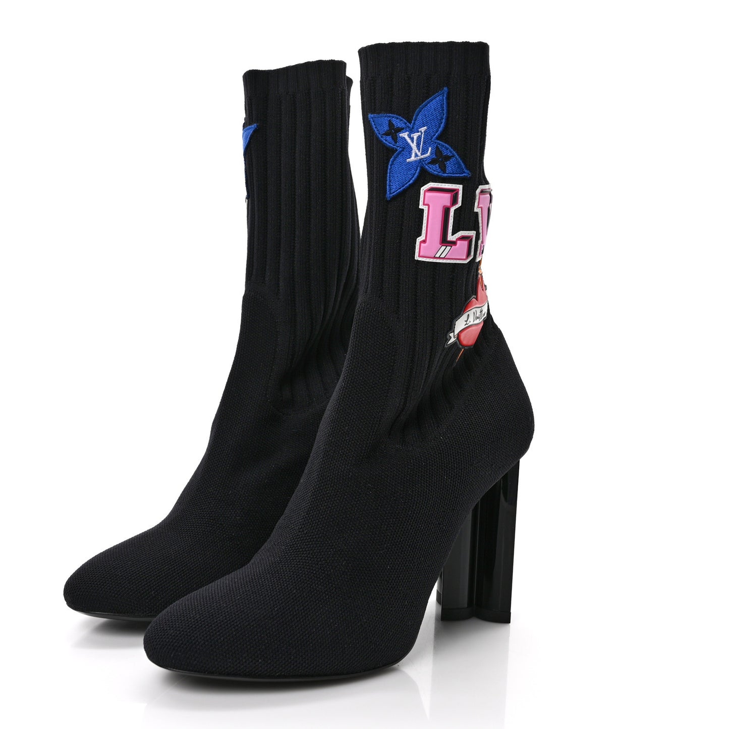 Stretch Fabric LV Black Heart Sock Ankle Boots 38 Black