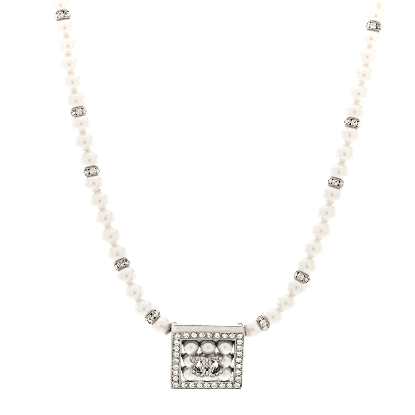 CC Crystal Square Pendant Lock Necklace Silver