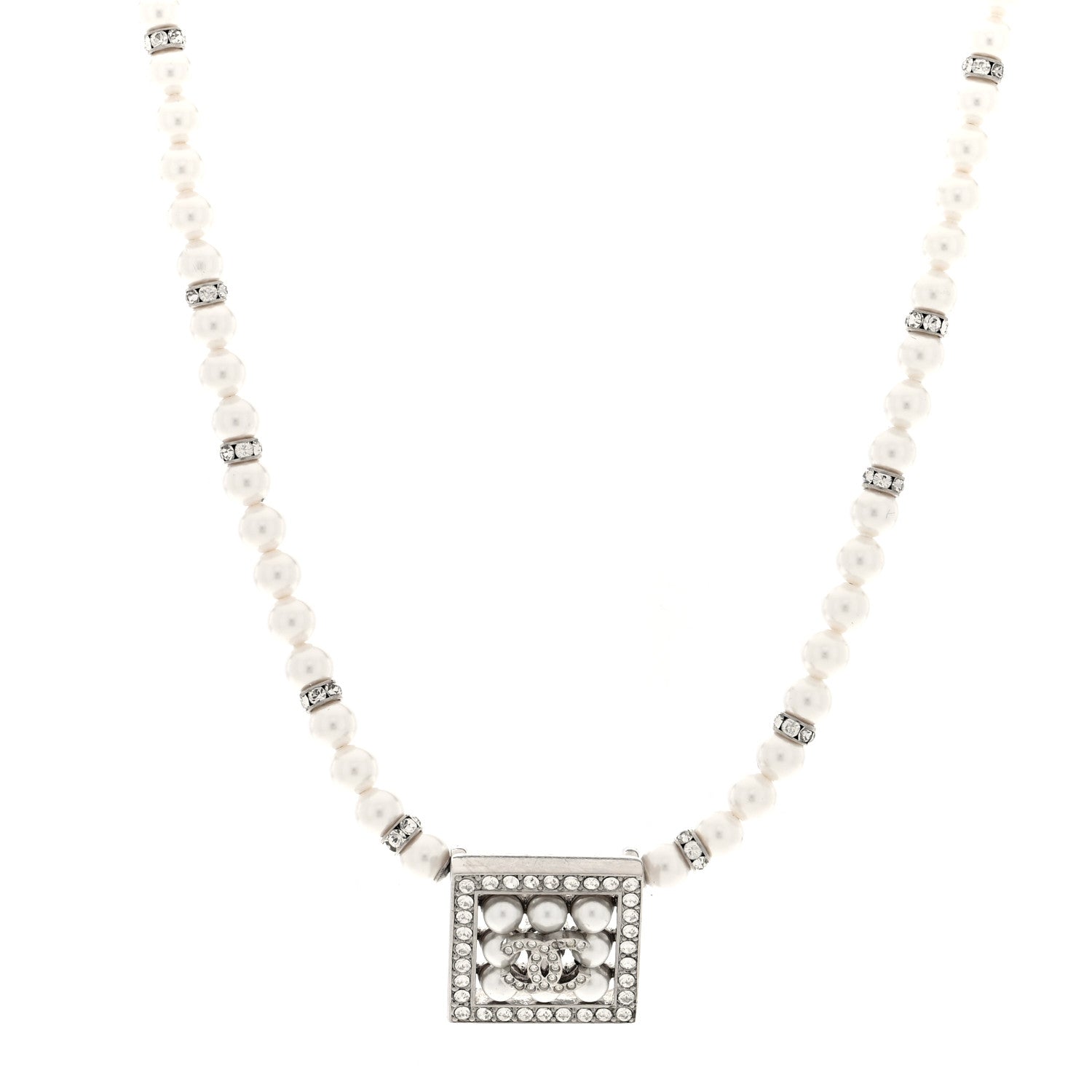 Chanel CC Crystal Square Pendant Lock Necklace Silver 1 of 4
