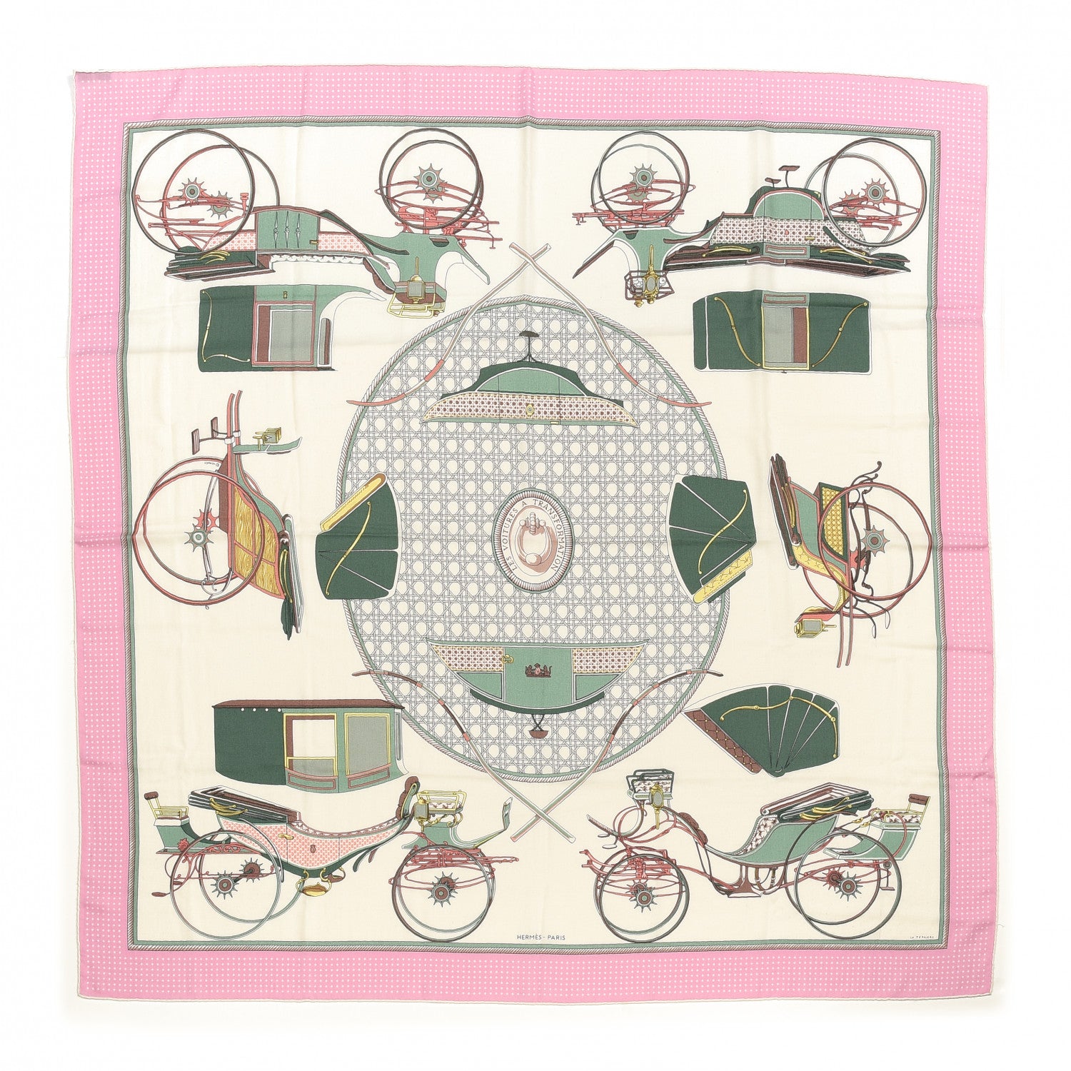 Hermes Cashmere Silk Les Voitures A Transformation Shawl 140 Blanc Vert Amande Rose Dragee 1 of 4