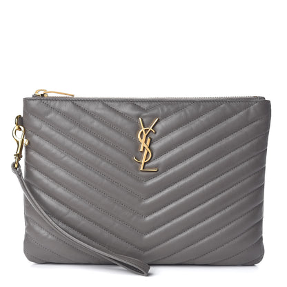 Saint Laurent Calfskin Matelasse Chevron Monogram A5 Wristlet Earth 1 of 10