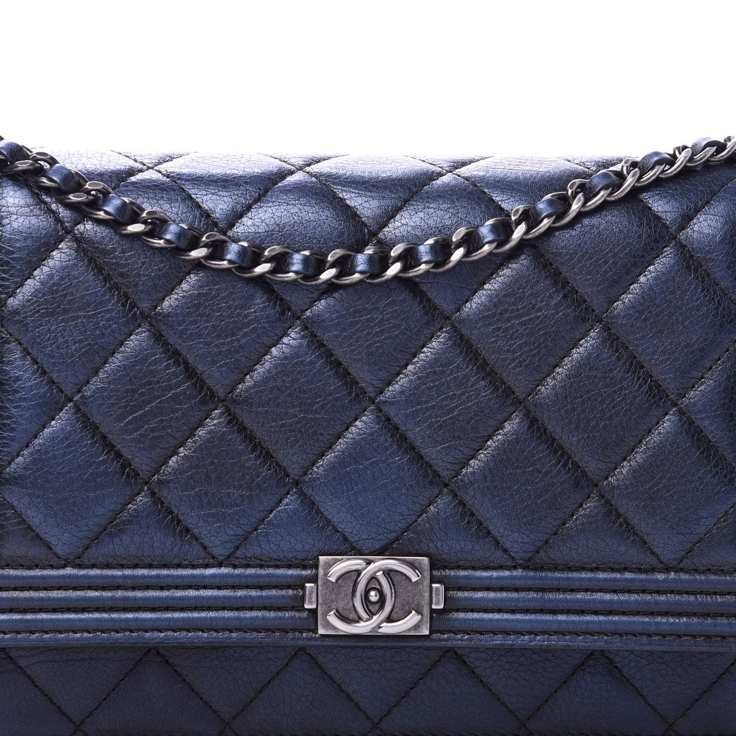Metallic Calfskin Quilted Boy Wallet On Chain WOC Navy Blue