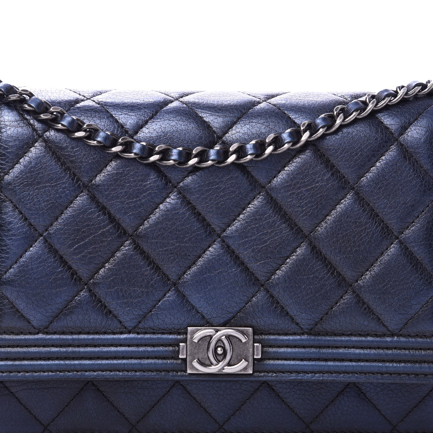 Chanel Metallic Calfskin Quilted Boy Wallet On Chain WOC Navy Blue 12 of 13