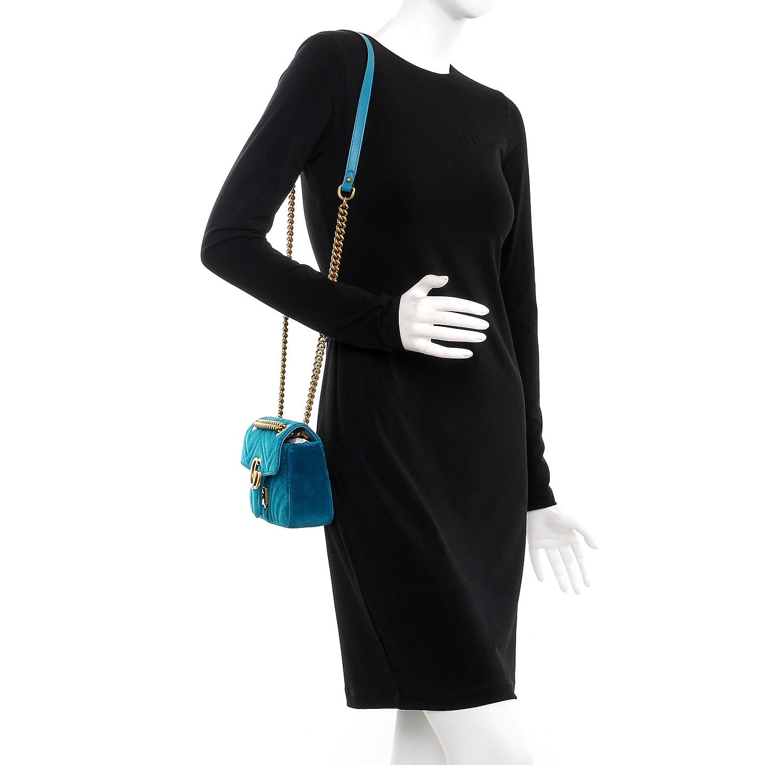 Gucci Velvet Matelasse Mini GG Marmont Shoulder Bag Pavone Cyan 2 of 7