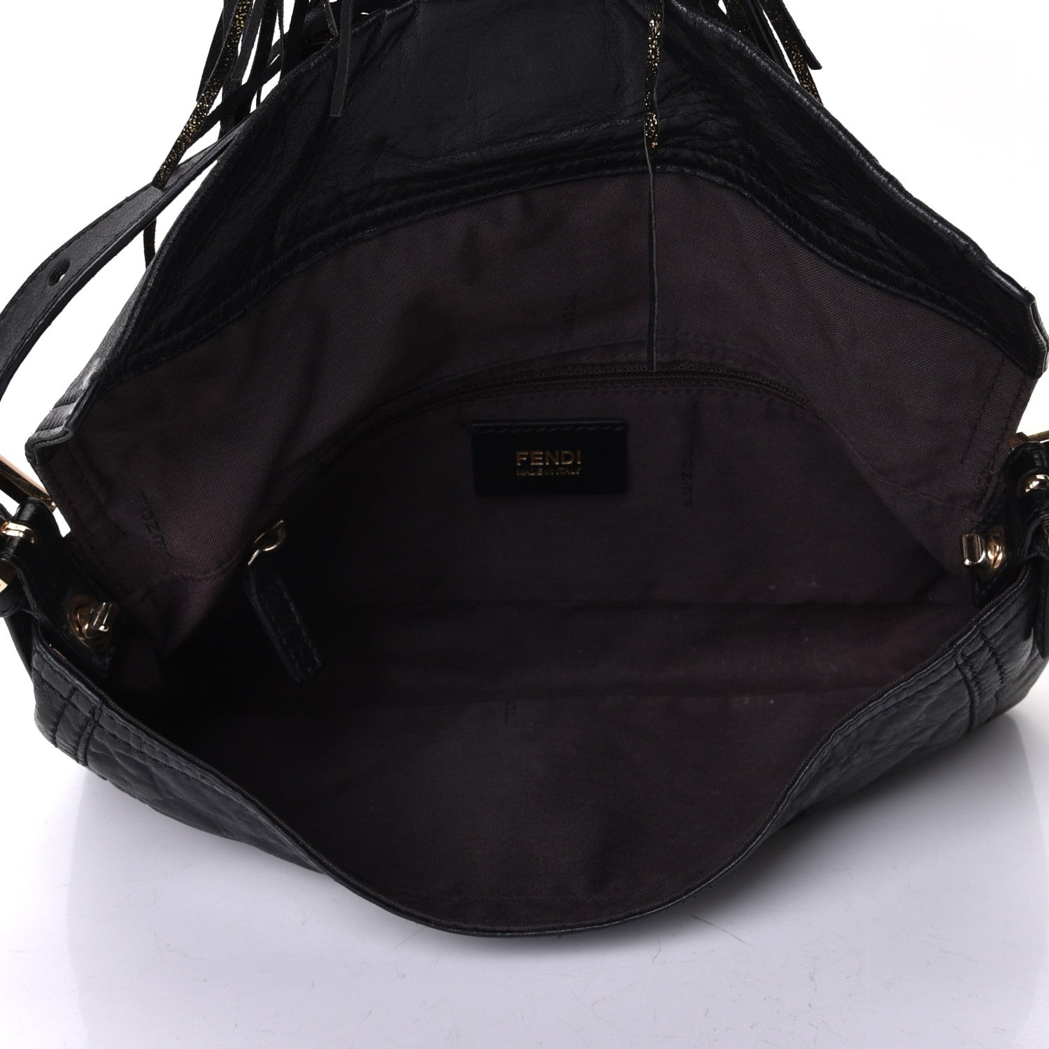 Fendi Crumpled Calfskin Fringe Medium Convertible Baguette Black 4 of 5