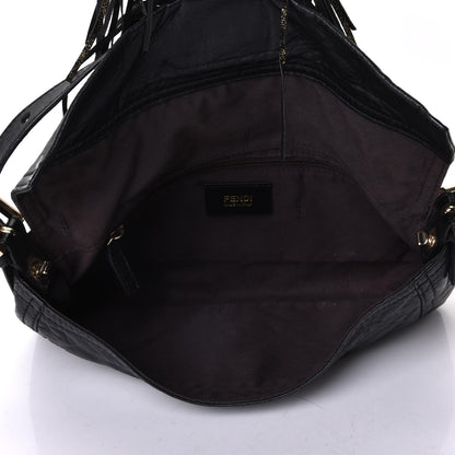 Fendi Crumpled Calfskin Fringe Medium Convertible Baguette Black 4 of 5