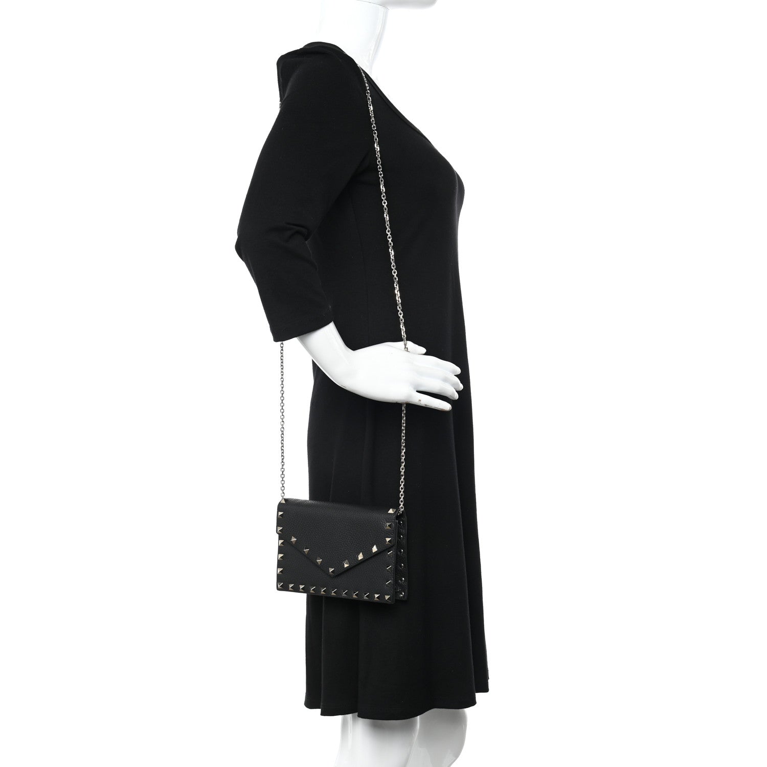 Valentino Garavani Pebbled Calfskin Rockstud Envelope Wallet on Chain Black 2 of 10