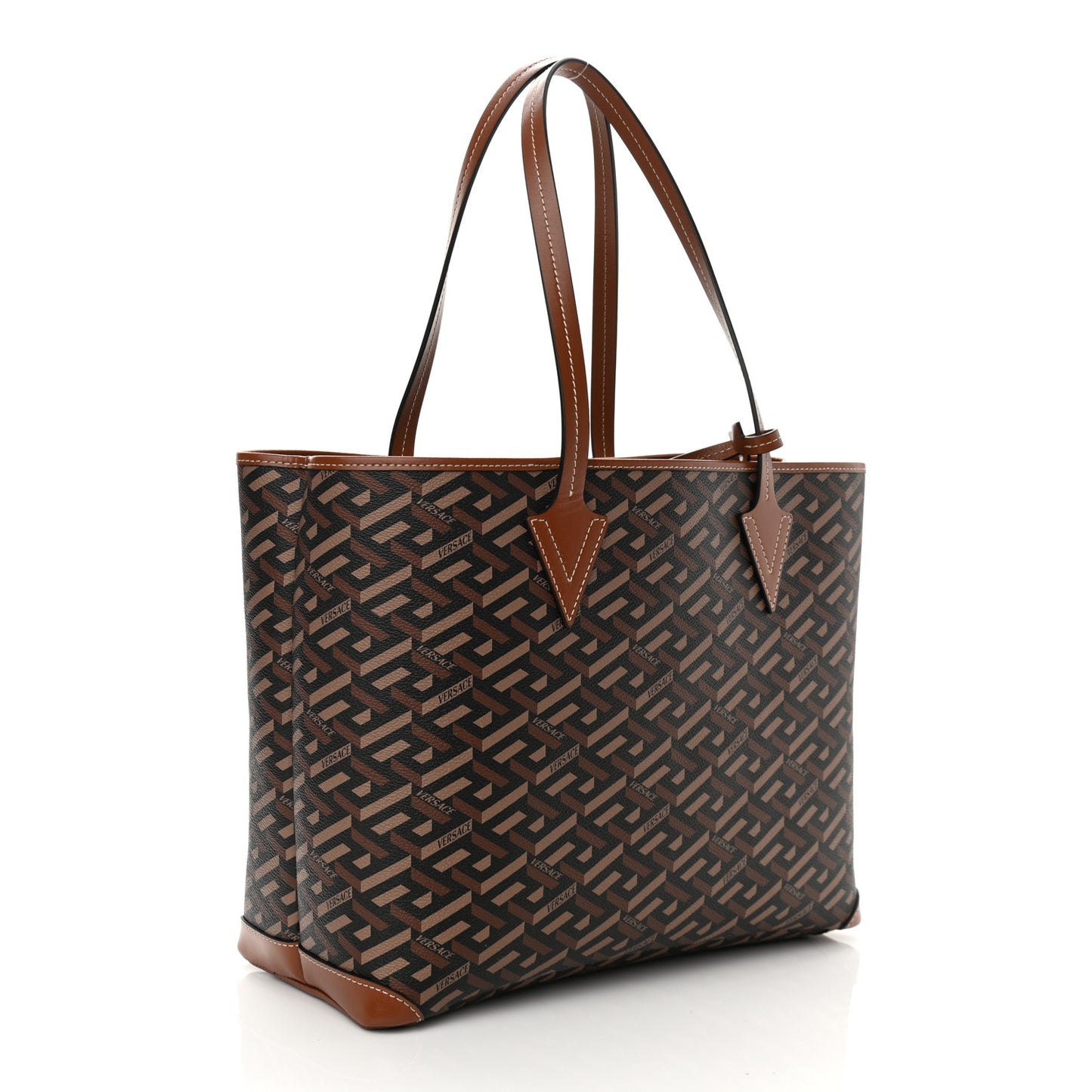 Coated Canvas Calfskin La Greca Signature Shopper Tote Bag Black Caramel