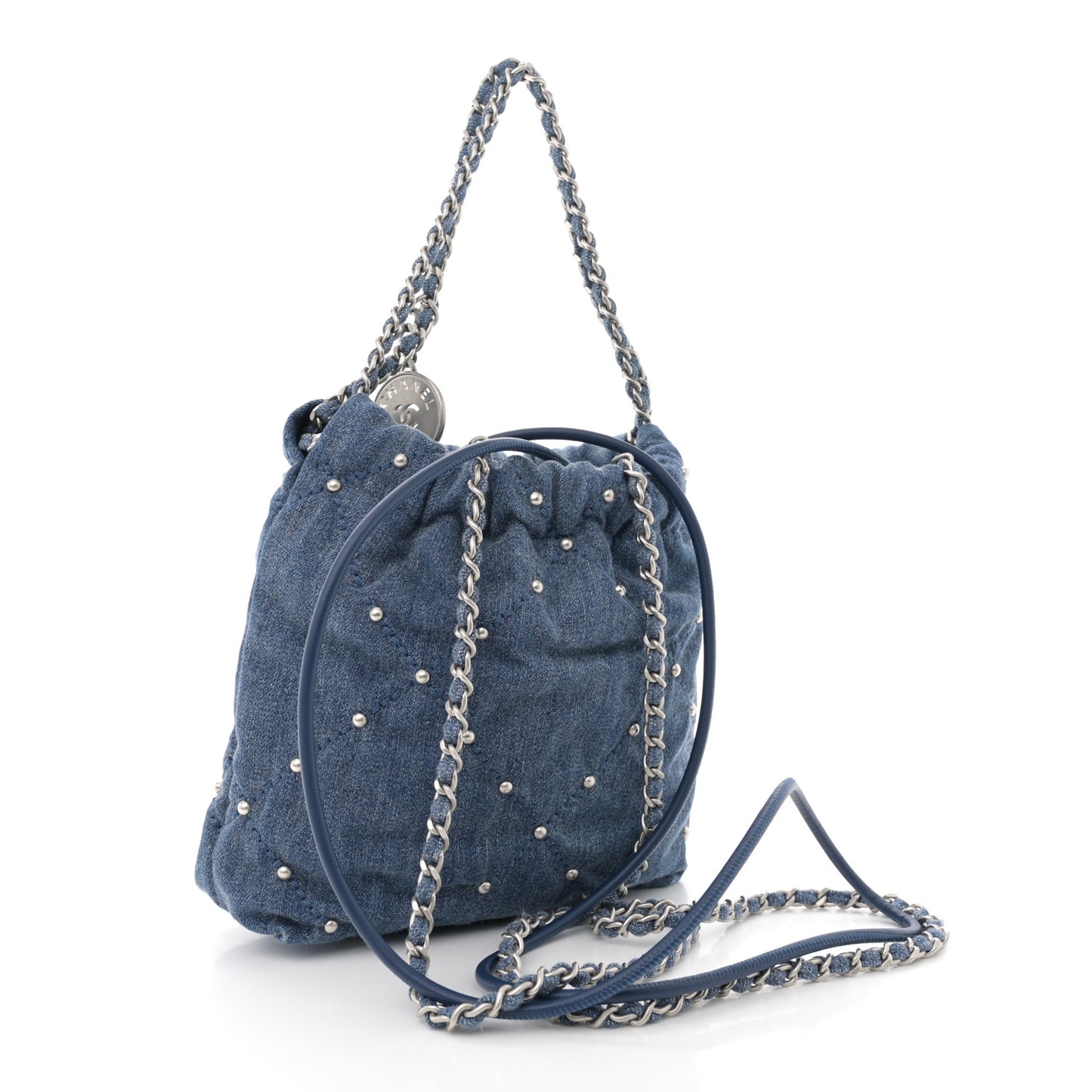 Washed Denim Quilted Studded Mini Chanel 22 Blue