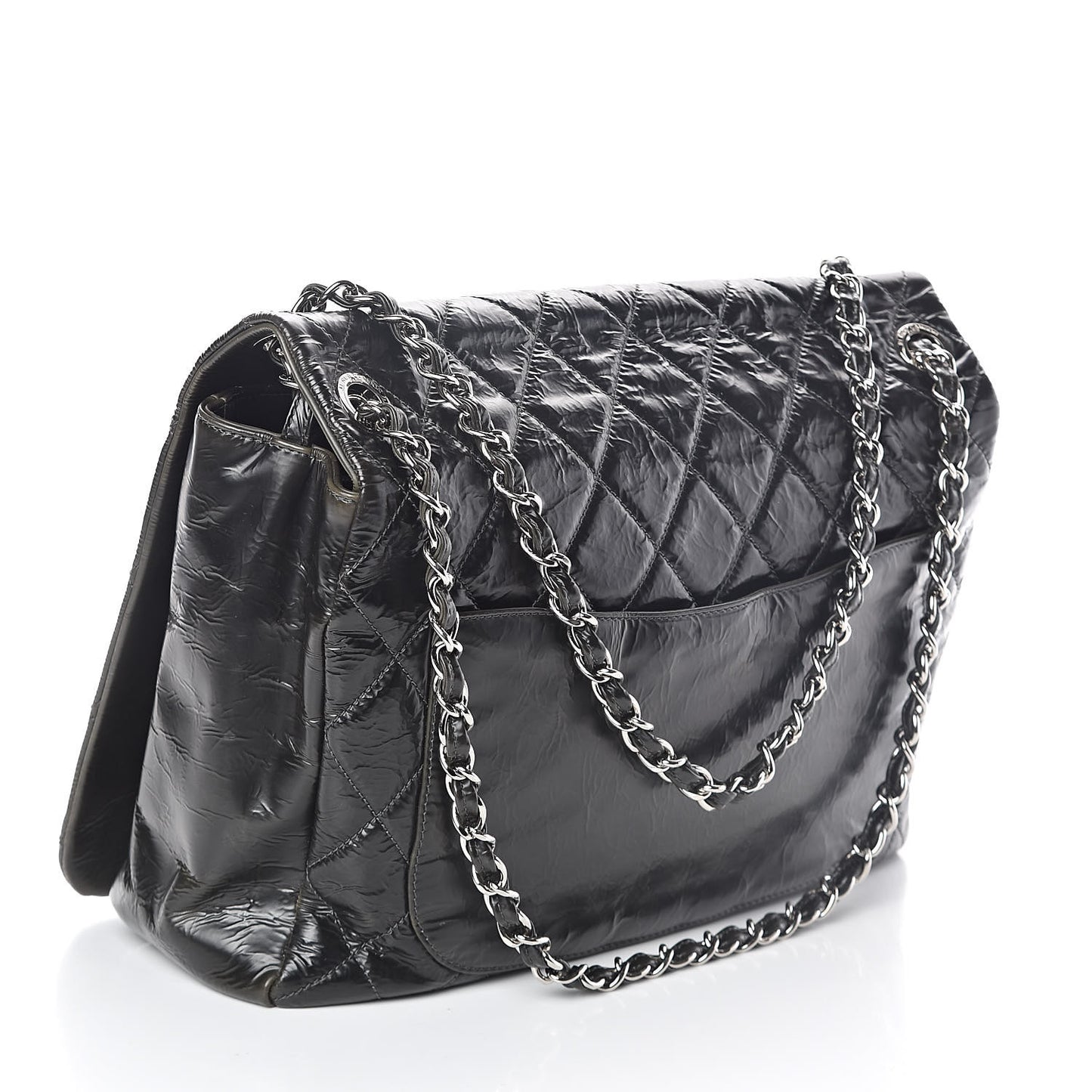 Glazed Calfskin Quilted CC Messenger Bag Black