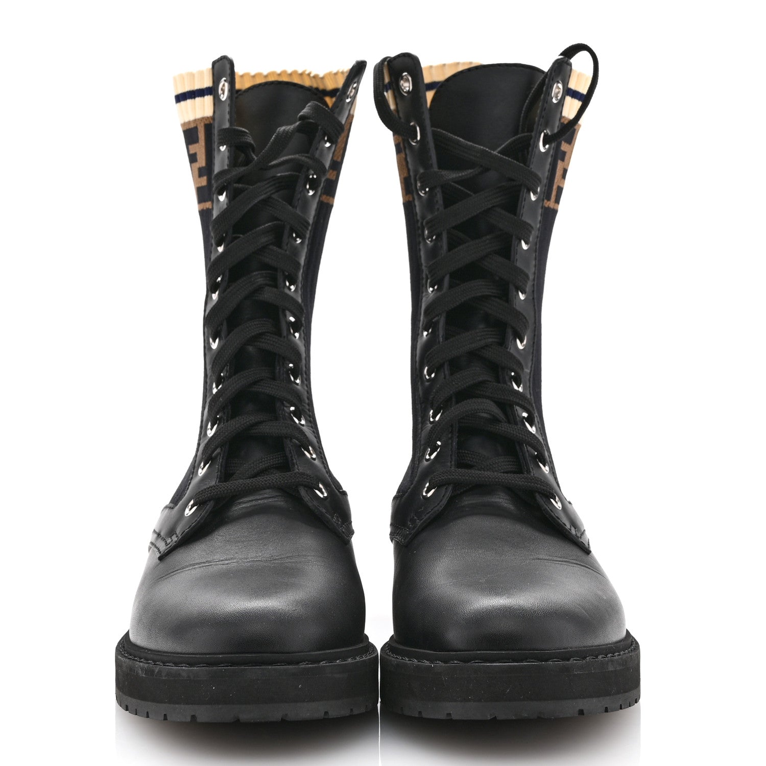Fendi Calfskin Stretch Fabric Rockoko Biker Boots 38 Tobacco Black Marino 3 of 11