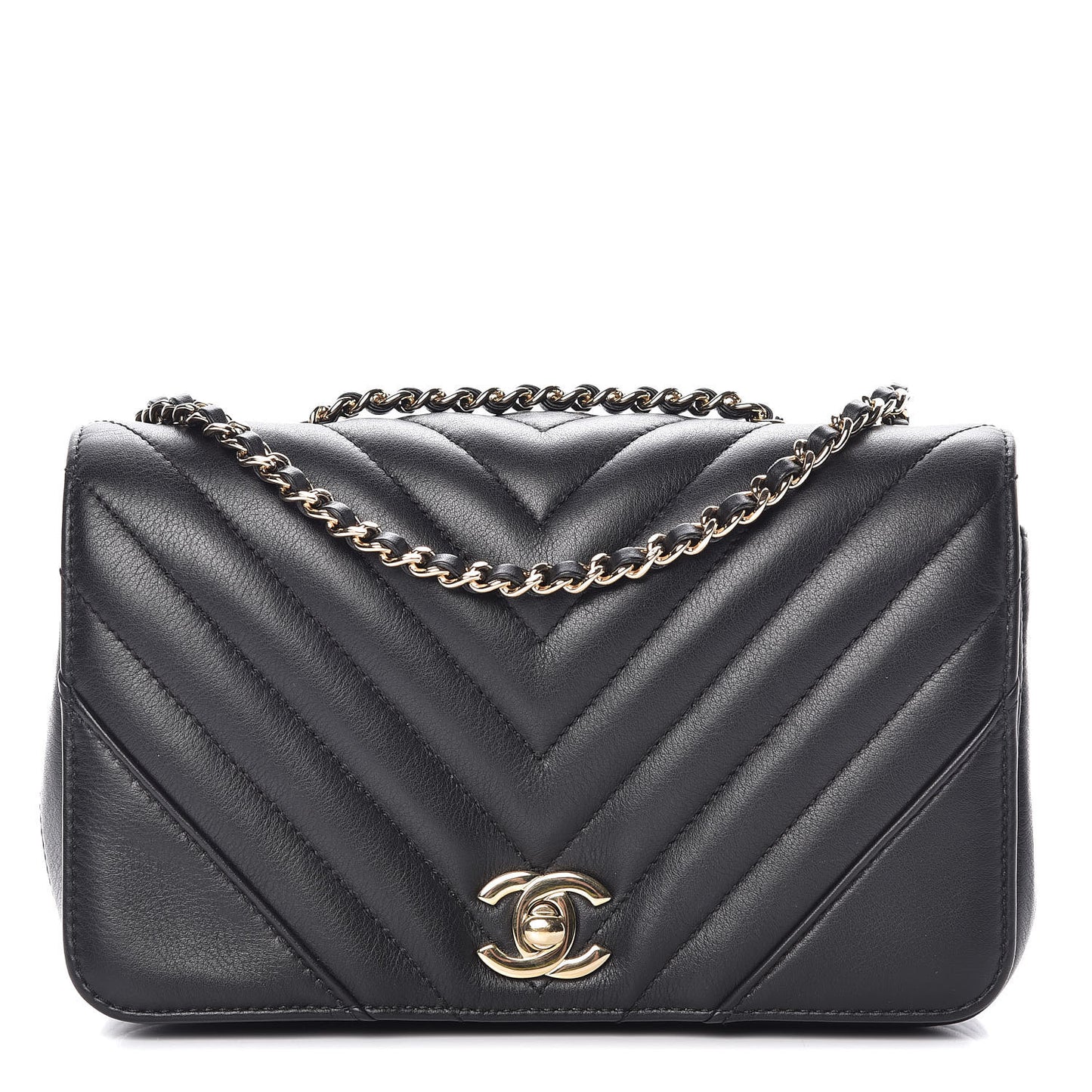 Calfskin Chevron Quilted Mini Statement Flap Black