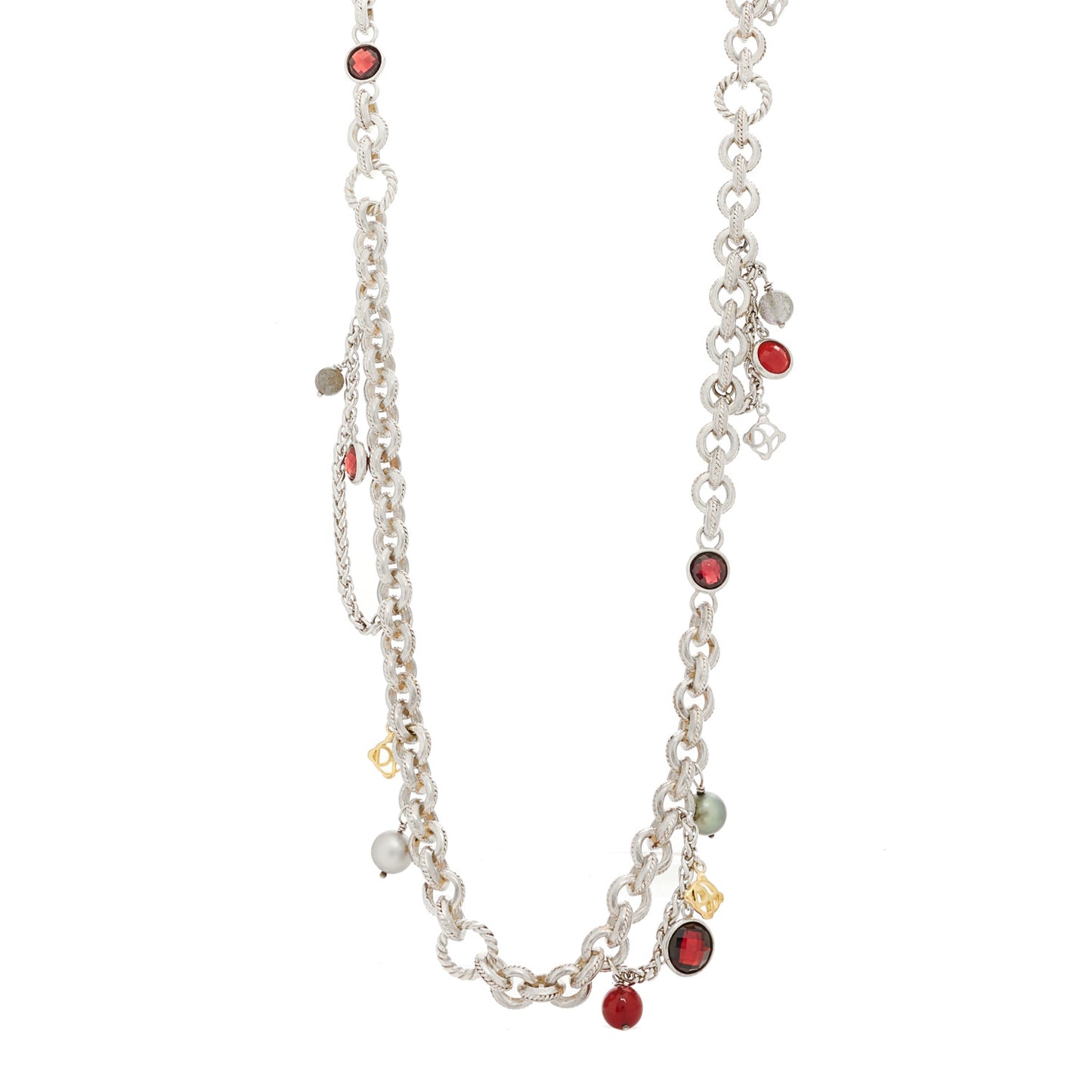 Sterling Silver 18K Yellow Gold Carnelian Garnet Cultured Pearl Labradorite Old World Charm Necklace