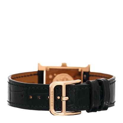 Hermes 18K Rose Gold Alligator Diamond Bezel Mother of Pearl 21mm Heure H Hour Quartz Watch Noir 3 of 5