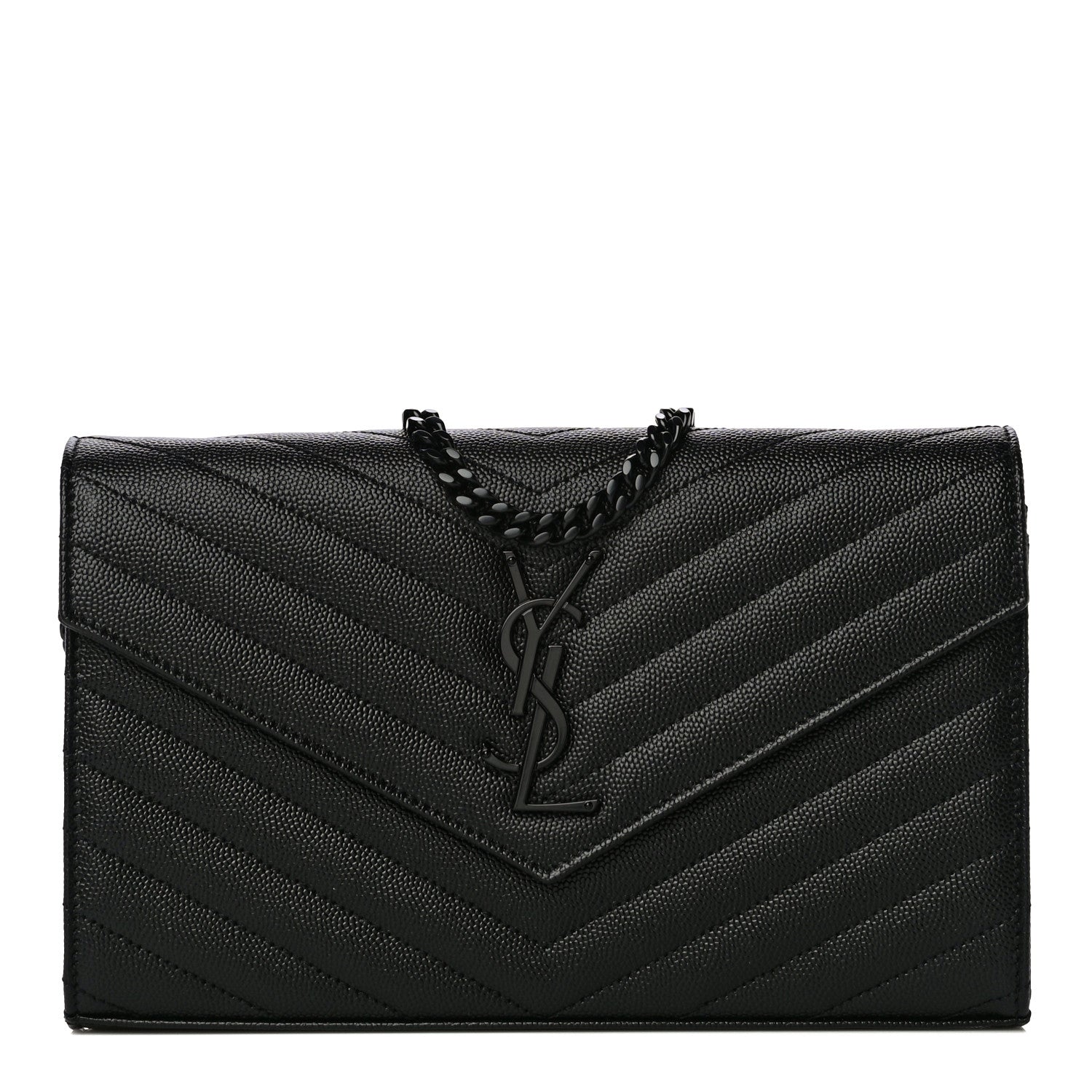 Saint Laurent Grain De Poudre Matelasse Chevron Monogram Chain Wallet Black 1 of 10