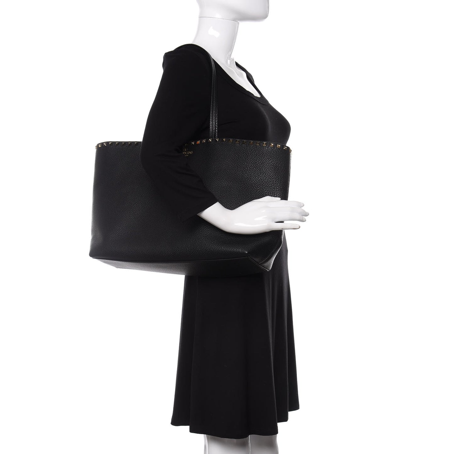 Grained Calfskin Rockstud Shoulder Tote Black